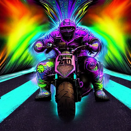 Prompt: psychedelic blacklight neon airbrush artwork, motorcycle, hyper stylized cinematic action shot of an orc in battle armor racing on a motorcycle, menacing orc, drifting, skidding, wheelie, clear focused details, soft airbrushed artwork, black background, post apocalypse, cgsociety, artstation