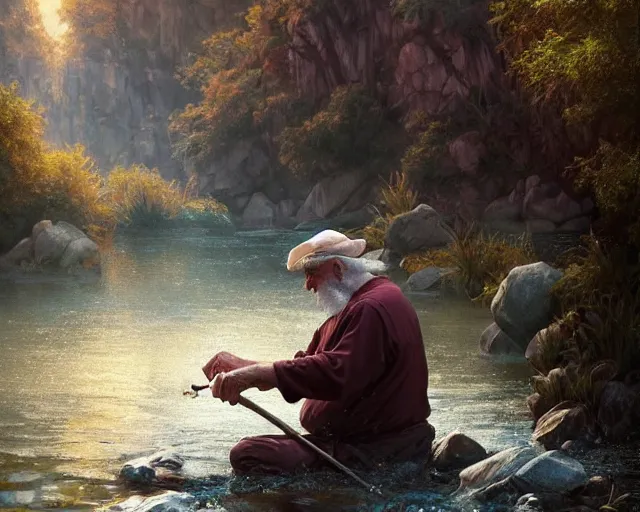 Image similar to an old man panning for gold in a river, deep focus, d & d, fantasy, intricate, elegant, highly detailed, digital painting, artstation, concept art, matte, sharp focus, illustration, hearthstone, art by artgerm and greg rutkowski and alphonse mucha