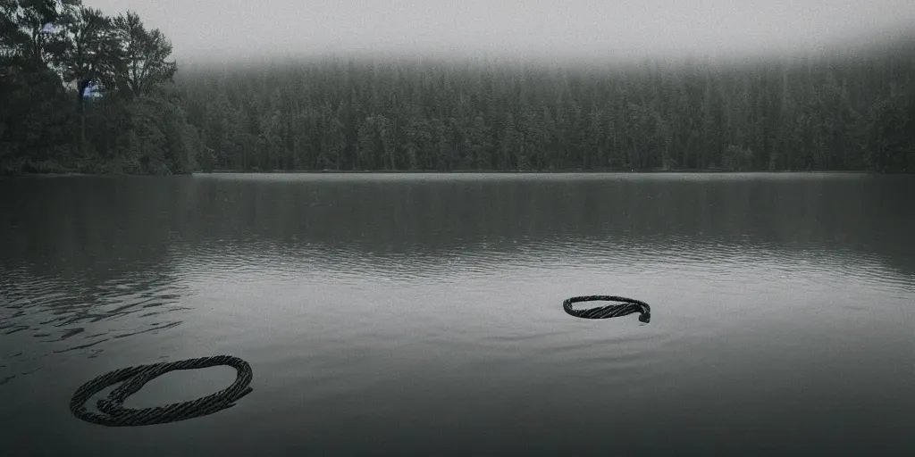 Prompt: centered photograph of a long rope zig zagging across the surface of the water, floating submerged rope stretching out towards the center of the lake, a dark lake on a cloudy day, color film, trees in the background, hyperedetailed photo, moody volumetric, anamorphic lens