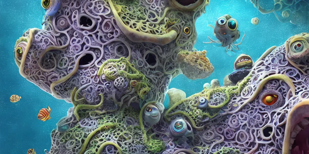 Image similar to of an intricate sea reef with strange cute friendly happy creatures with huge eyes, mouth, long tongue, round teeth and goofy face, appearing from the background, in the style of gehry and gaudi, macro lens, shallow depth of field, ultra detailed, digital painting, trending artstation, concept art, illustration, cinematic lighting, photorealism, epic, octane render