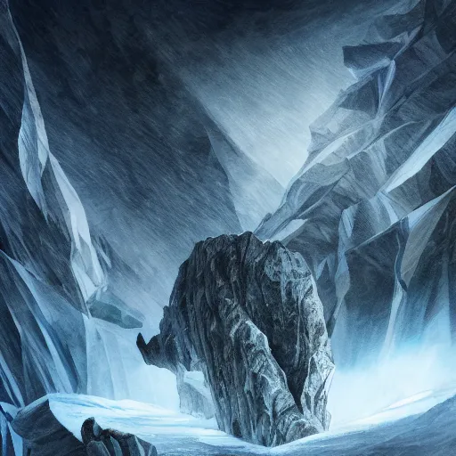 Image similar to epic masterpiece of confrontation between man and diamond mountain spirit Antarctica, gift of birth, origin mythos, astounding beauty, cinematic, establishing shot, extremely high detail, photorealistic, cinematic lighting, intricate line drawings, 8k resolution