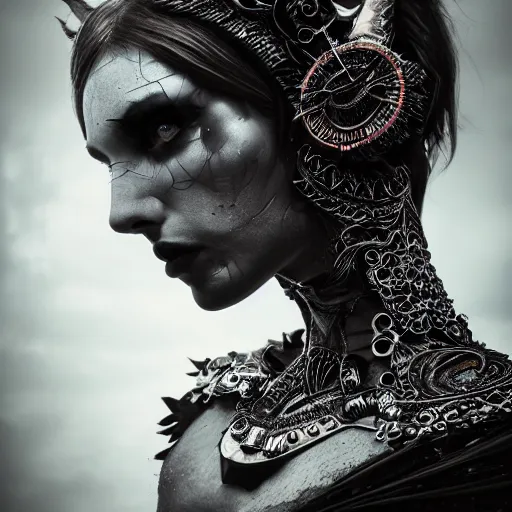 Image similar to a portrait of female model by stefan geselle and nekro borja, photorealistic, intricate details, hyper realistic, dark fantasy, ornate headpiece, dark beauty, photorealistic, canon r 3, photography, wide shot, photography, dark beauty, symmetrical features, unreal engine