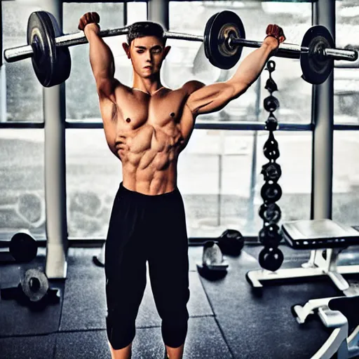 Image similar to male elf at the gym, lifting weights. ethereal beauty contrasting hard metal equipment. fantasy athlete. weight training. elven elfish elf ears elf beauty pretty boy symmetrical face good looking handsome fair fine.