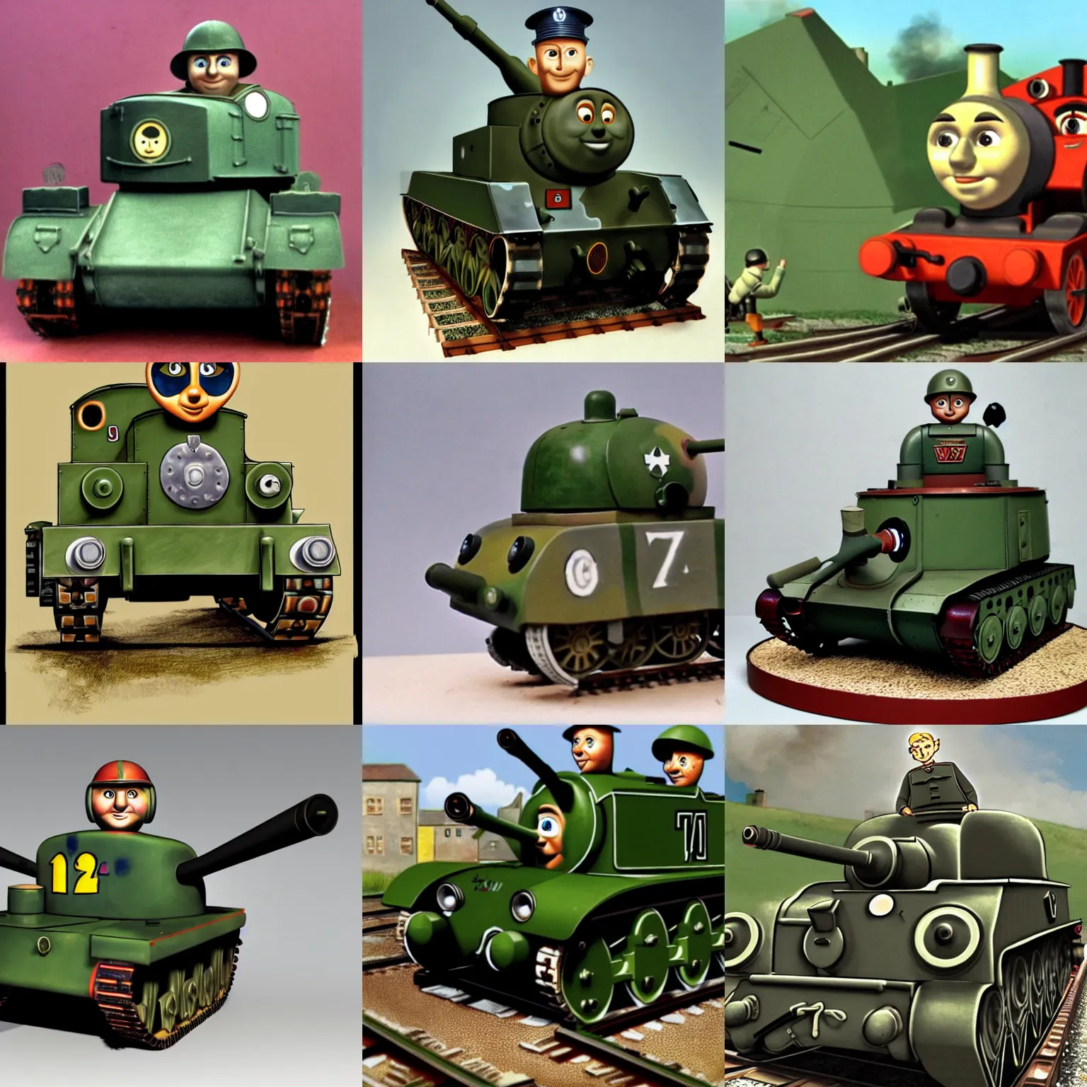Prompt: a panzer world war ii tank anthropomorphised with a face, by wilbert awdry in the art style of thomas the tank engine