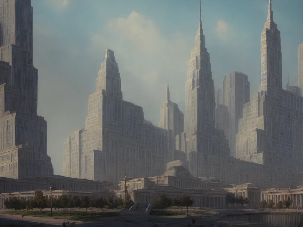 Image similar to landscape matte painting by fan wennan. communist american future capitol shining in the sun after the triumph of socialism in america, highly detailed, artstation, 8 k, photorealistic, hyperrealism, future governmental architecture, simple, regal, imposing, america 2 0 9 8