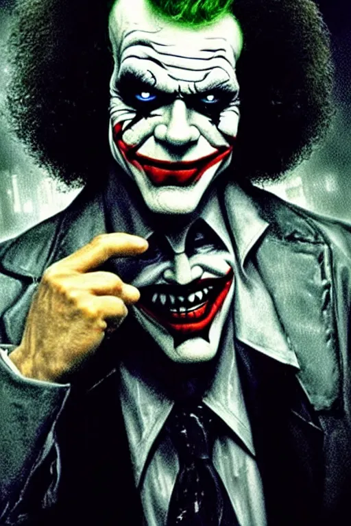 Prompt: beautiful portrait photograph of Bob Ross, attractive symmetrical face with a menacing smile as the joker on a Gotham City street in the rain, moody lighting from streetlights at midnight taken by David LaChapelle