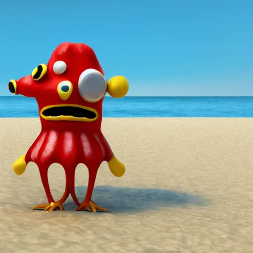 Image similar to an pizza creature enjoying the beach, 3 d render