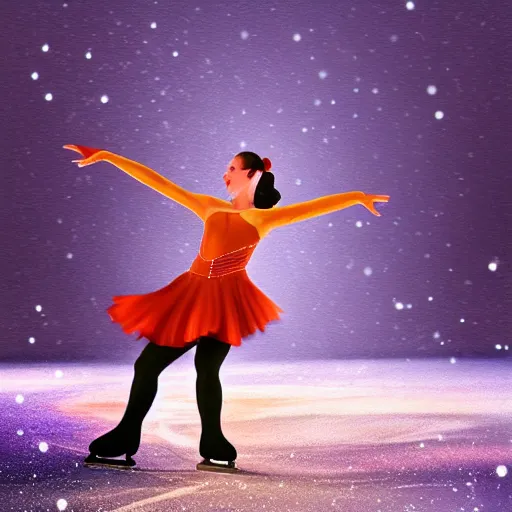 Prompt: figure skater performing spiral move under the spotlight on the ice with snowy winter landscape background detailed magical realism digital painting volumetric lighting 4k