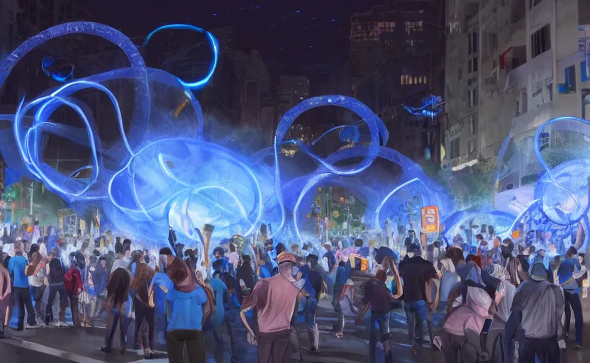 Image similar to crowd of crazy people with posters attacking cops in front a huge blue spiral - shaped bright white luminous attractor that is floating and stores in los angeles with light screens all over the street, concept art, art for the game, professional lighting, night lighting from streetlights