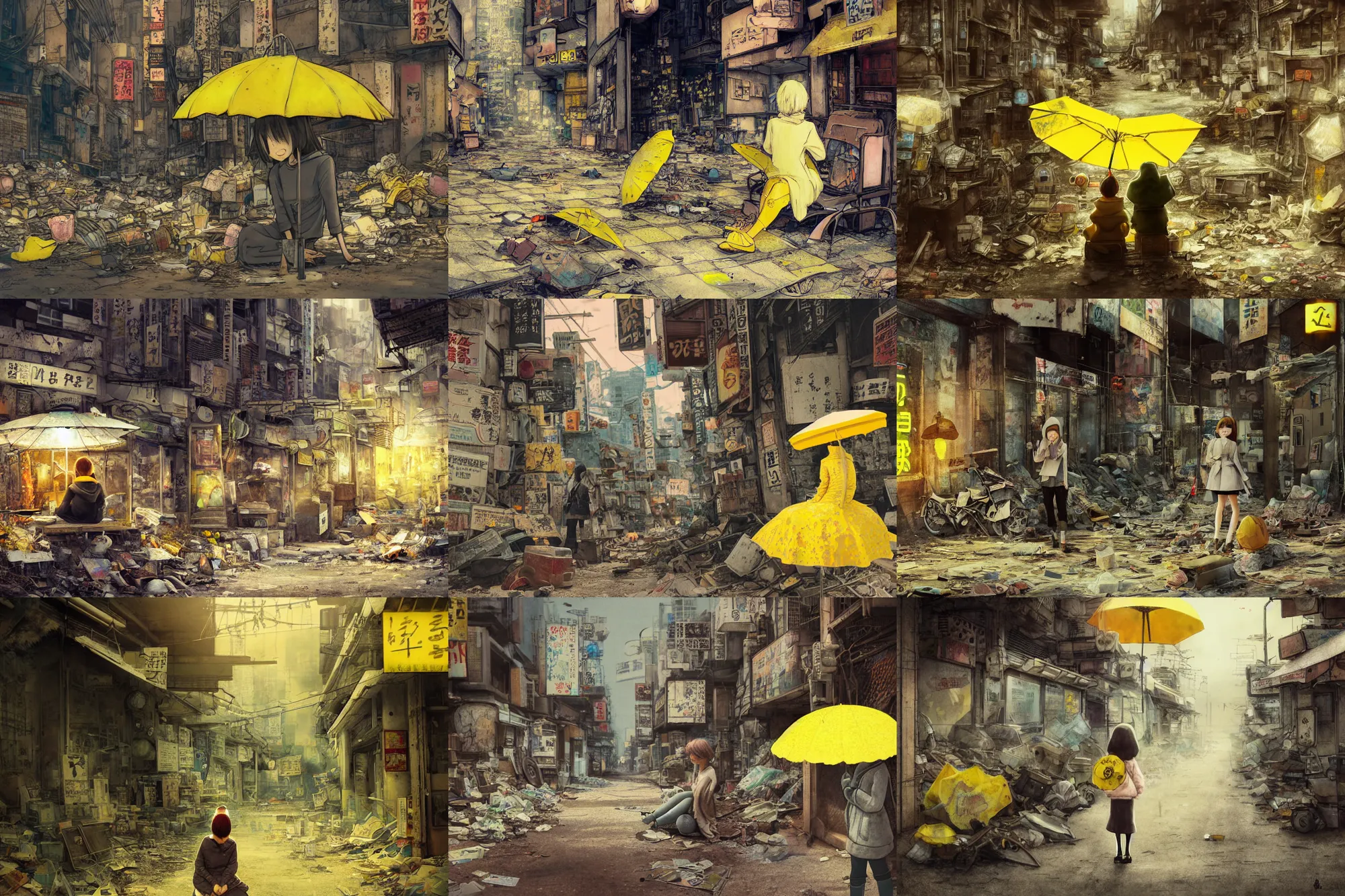 Prompt: tatsuyuki tanaka artwork, soft bloom lighting, abandoned city, paper texture, movie scene, distant shot of hoody girl sitting under a yellow parasol in deserted dusty shinjuku junk town, old pawn shop, bright ground, lurking robot monster in background, dusty, pencil lines