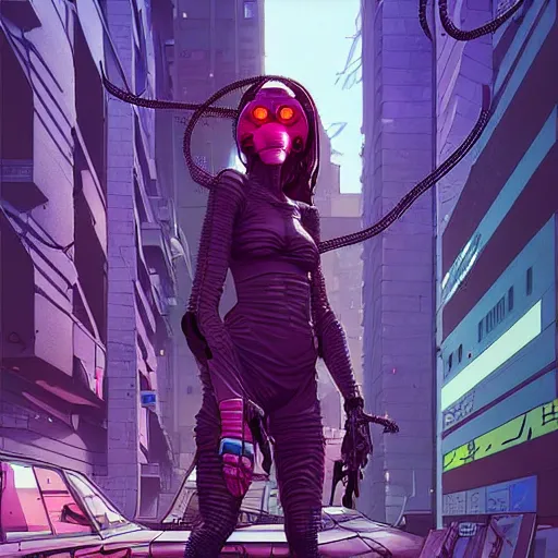 Prompt: A cyberpunk Chameleon cyborg on the street of a cyberpunk city art by Josan Gonzalez, sci-fi, highly detailed, digital painting, artstation, smooth, sharp focus, illustration, concept art by Josan Gonzalez and James Gurney and Mœbius