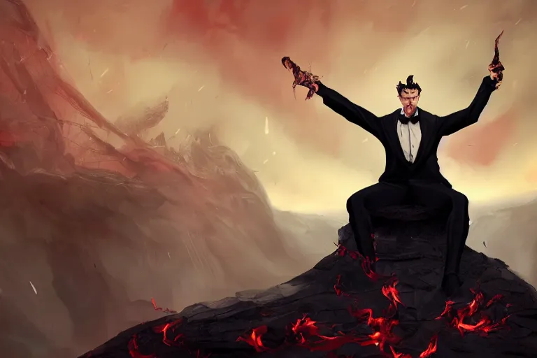 Image similar to A Male Devil sits on a throne and wears a black tuxedo , hell, landscape, fire, environment, Artstation