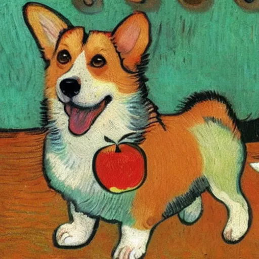 Image similar to corgi with an apple on its head, 4 k, by van gogh, realistic, high detail, concept art