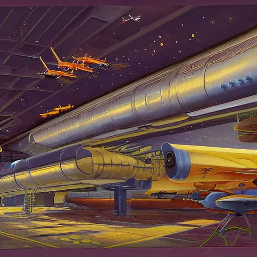 Prompt: painting of a scifi hangar with spaceships, greg rutowski