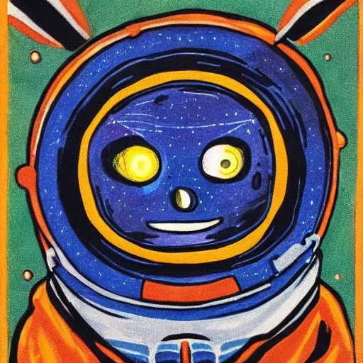 Image similar to Latent Spaceman Wide-Eyed and Smiling With Glowing Eyes