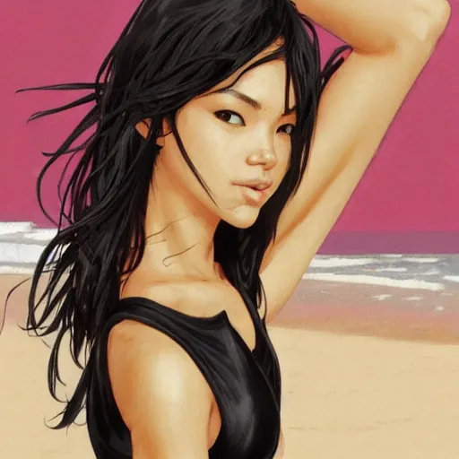 Prompt: portrait of cassandra cain wearing one - piece swimsuit, at the beach, attractive, casual, modern, victoria's secret, highly detailed, digital painting, artstation, concept art, smooth, sharp focus, illustration, art by artgerm, greg rutkowski and alphonse mucha