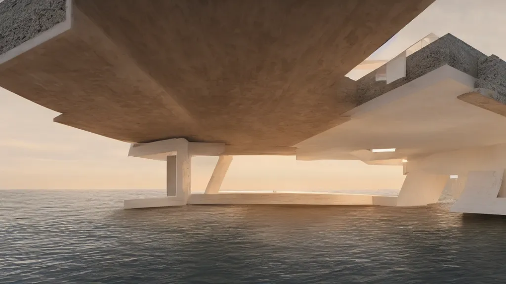 Prompt: modern concrete house built in the ocean, futuristic accents, golden hour, 4 k, built by frank lloyd wright, concept art