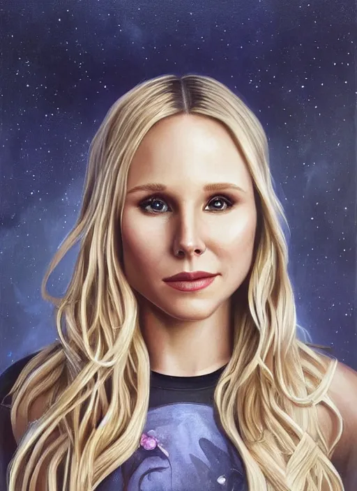 Image similar to a painting of kristen bell with long blonde hair, a photorealistic painting by magali villeneuve, featured on cgsociety, fantasy art, detailed painting, photorealistic