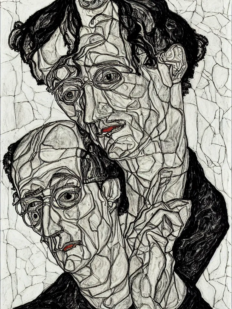 Image similar to a detailed line art portrait of writer hermann hesse, inspired by the work of egon schiele.