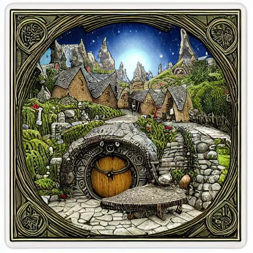 Prompt: square sticker of a hobbit palace, by joe fenton, white background, masterpiece