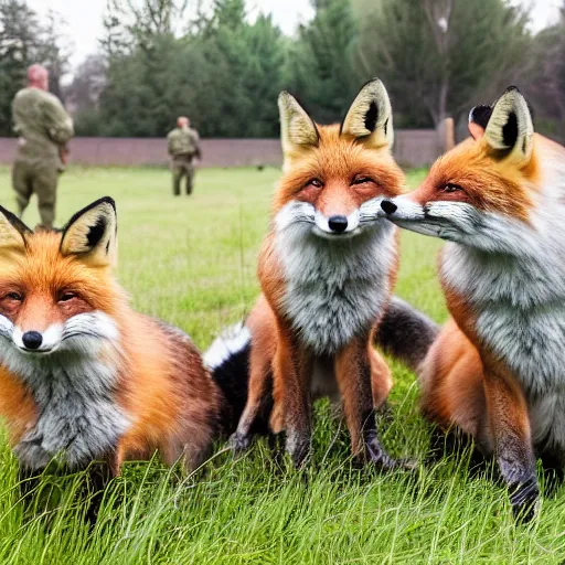 Image similar to a group of fox animals dressed in modern american military soldier uniforms, laughing at a computer, 8 5 mm f / 1. 4