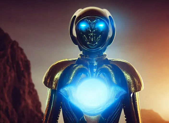 Image similar to closeup of an alien with beautiful glowing eyes, beautiful strange skin, wearing a long flowing cloth shirt over stylish large futuristic golden armor suit walking to an outpost with tall buildings and lights in the background, night sky with stars, beautiful colorful, incredible detail, anamorphic 2 0 mm lens cinematic flare