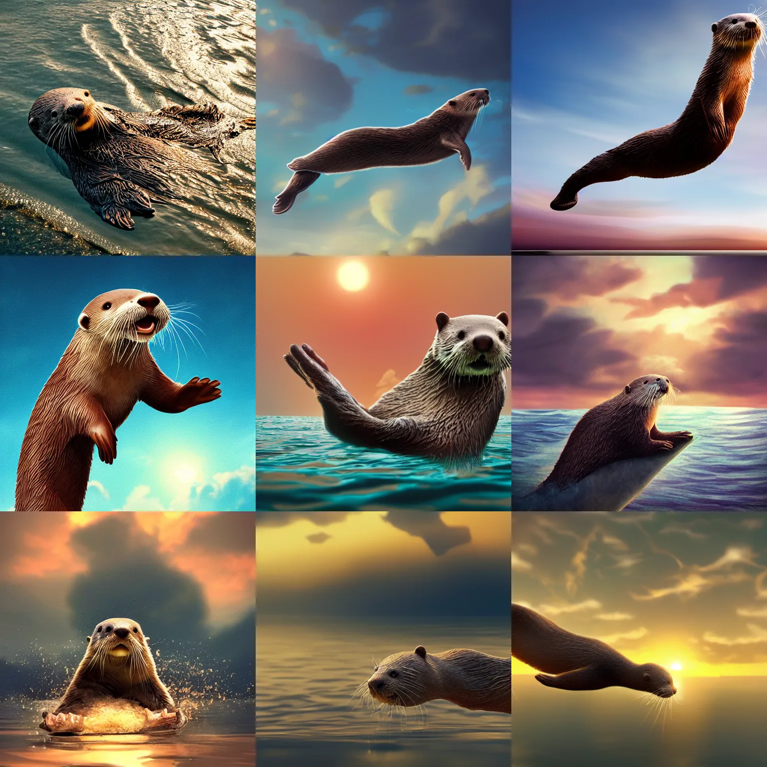 Prompt: otter is floating in mid air, epic, cinematic shot, soft light, soft colore, artstation, atmosphere, high definition, clouds, golden hour