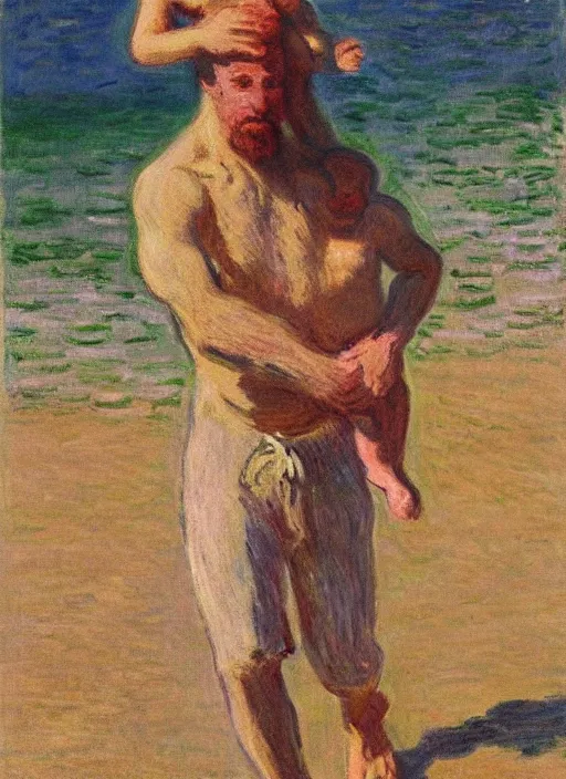 Image similar to a clothed man carrying his child over his shoulders walking near the beach, anatomically correct, painting by monet, masterpiece