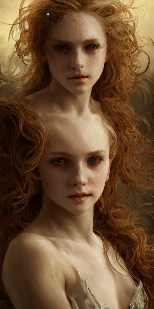 Image similar to portrait of a blonde vampire girl, child, freckles, fierce, messy curly hair, dark leather armor, sword, intricate and very beautiful and elegant, highly detailed, digital painting, artstation, concept art, smooth and sharp focus, cg by tian zi and wlop and alphonse mucha