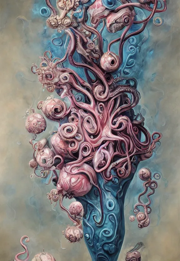 Prompt: a biomorphic painting of a vase with flowers with eyeballs and tentacles, surrealist painting by marco mazzoni, by dorothea tanning, pastel blues and pinks, melting, plastic, skull, featured on artstation, metaphysical painting, oil on canvas, fluid acrylic pour art, airbrush art, seapunk, rococo, lovecraftian