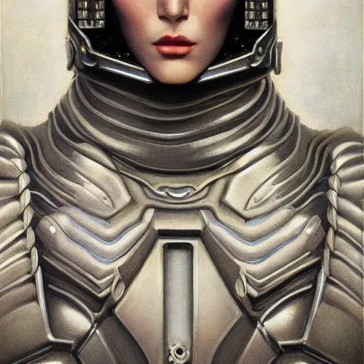 Image similar to portrait of beautiful gothic and futuristic fashion model, space armour, cyber armour, highly detailed, artstation, illustration, composition, 8 k quality, art by jean delville, rene magritte, hyperrealism oil painting