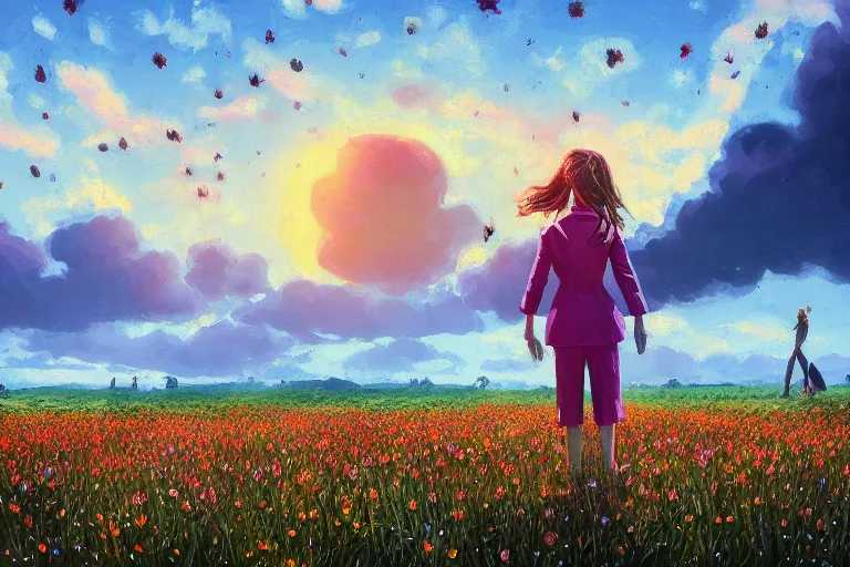 Prompt: huge thistle flower head, a girl in suit in field of flowers, surreal photography, sunrise, blue sky, dramatic light, impressionist painting, digital painting, artstation, simon stalenhag