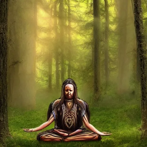Prompt: meditating shaman in forest, artstation, realistic, nature, best art,