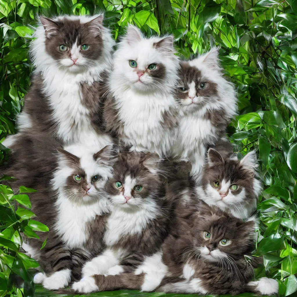 Prompt: ragdoll cats in a jungle, hyperrealistic, photorealism, realistic lighting, 4k
