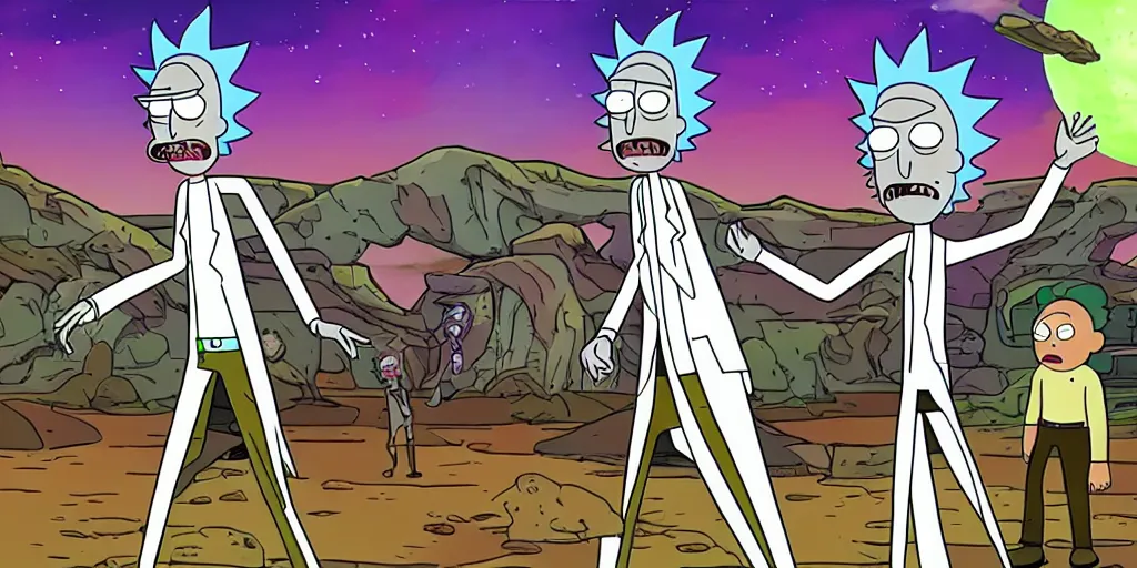 Image similar to rick and morty adventure, battling aliens