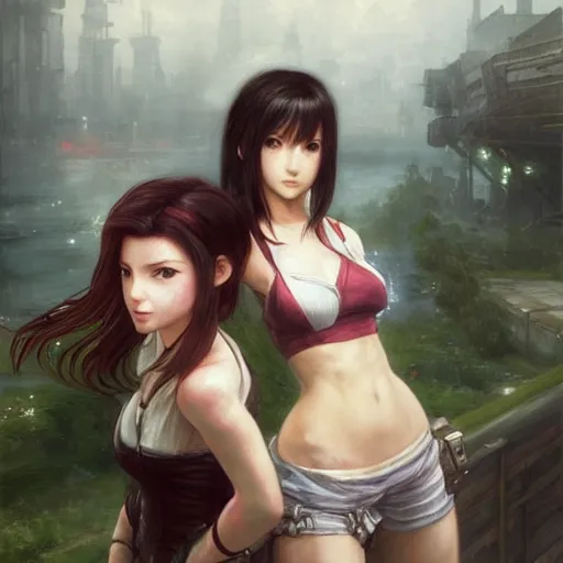 Prompt: a painting of tifa lockhart and aerith gainsborough from final fantasy 7, the midgard steam punk city as backdrop, by greg rutkowski, artgerm, wlop, ruan jia, krenz cushart, alphonse mucha, rain, unreal engine 5