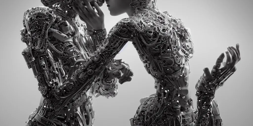 Prompt: hyperrealistic photography of a stunningly cyborg female, intimate, holding hands, kissing, chrome. in the style of beth cavener, jin kagetsu,, and wlop, highly detailed, intricate filigree, chrome face symmetry, masterpiece, award - winning, sharp focus, concept art, high key, ambient lighting, 8 k, octane render, artstation