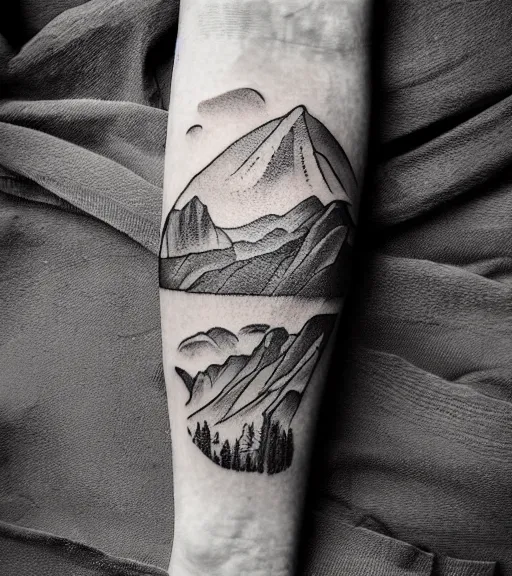 Image similar to tattoo design sketch of pepe the frog, faded background of beautiful mountains and nature on the side, hyper - realistic, in the style of den yakovlev, amazing detail, black and white