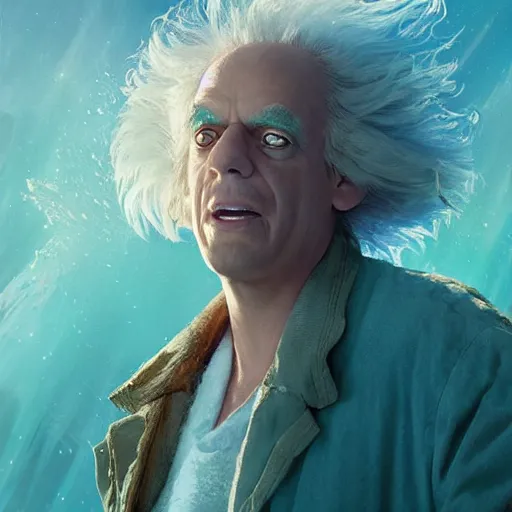 Image similar to doc brown as arielle the mermaid in water, studio ghibli, disney animation, sharp, anime key art by greg rutkowski, bloom, dramatic lighting