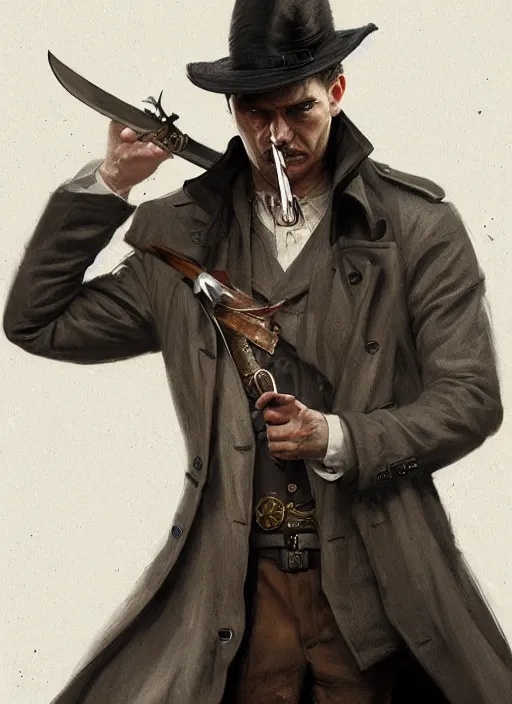 Image similar to portrait of a detective wearing trench coat and smoking puro, holding a sword, victorian, concept art, detailed face, fantasy, close up face, highly detailed, cinematic lighting, digital art painting by greg rutkowski