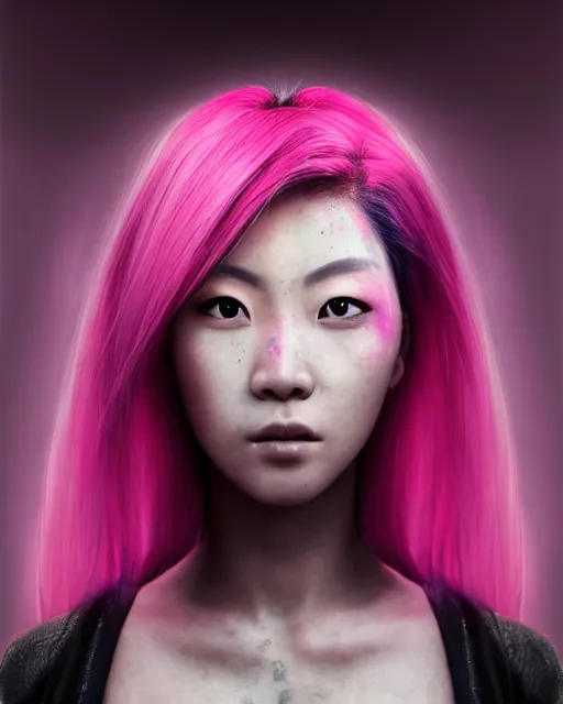 Image similar to portrait of a beautiful asian woman with pink hair as a cyberpunk cyborg, sci - fi, missing panels, intricate abstract upper body intricate artwork, concept art, octane render, deviantart, cinematic, key art, hyperrealism, iridescent accents, portrait photograph, nikon 3 5 mm, photograph by annie leibovitz and steve mccurry, greg rutkowski