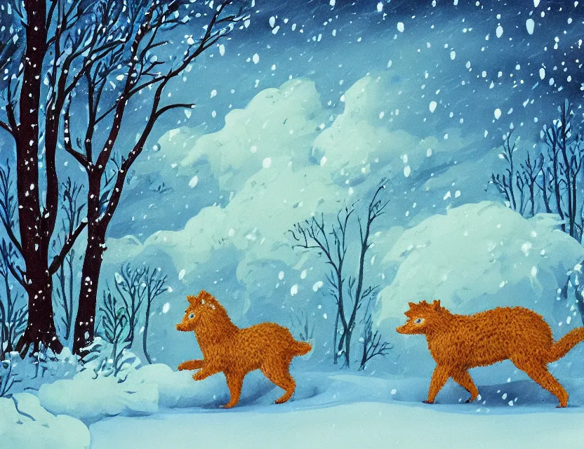 Image similar to lush chia pet animal frolicking in snowy woods, stormy skies. russian fairytale art, gouache, dynamic composition, backlighting