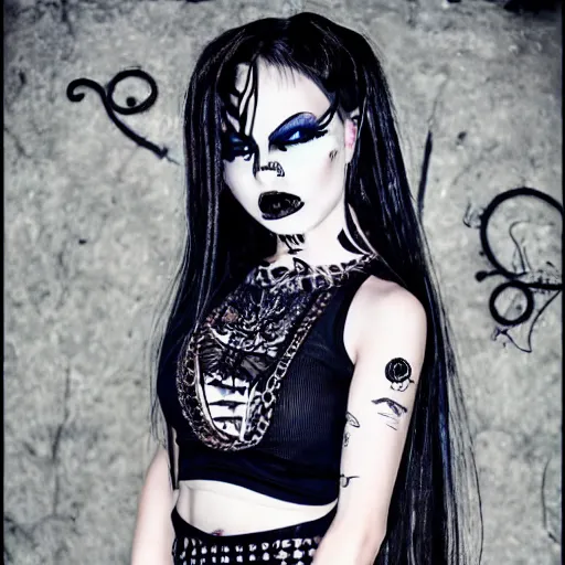 Image similar to kerli koiv goth girl in mini skirt and crop top, intricate, extremely detailed, modeling photography, teen