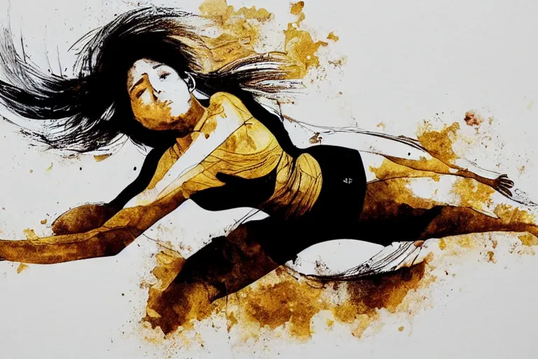 Image similar to beautiful serene volleyball player, healing through motion, life, minimalistic golden and ink airbrush painting on white background, pristine soft dream