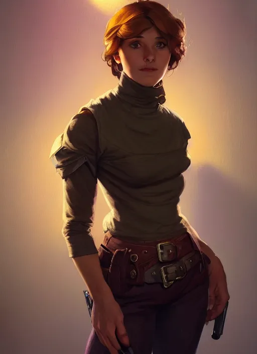 Image similar to portrait of a full body of beautiful young female detective, d & d, sleeveless turtleneck, fantasy, flat lighting, intricate, highly detailed, digital painting, artstation, concept art, smooth, sharp focus, illustration, art by simon bisley and greg rutkowski and alphonse mucha, natural tpose