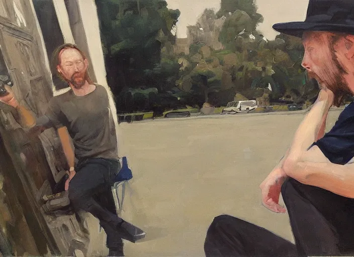 Image similar to a highly detailed beautiful portrait of thom yorke shooting, by gregory manchess, james gurney, james jean