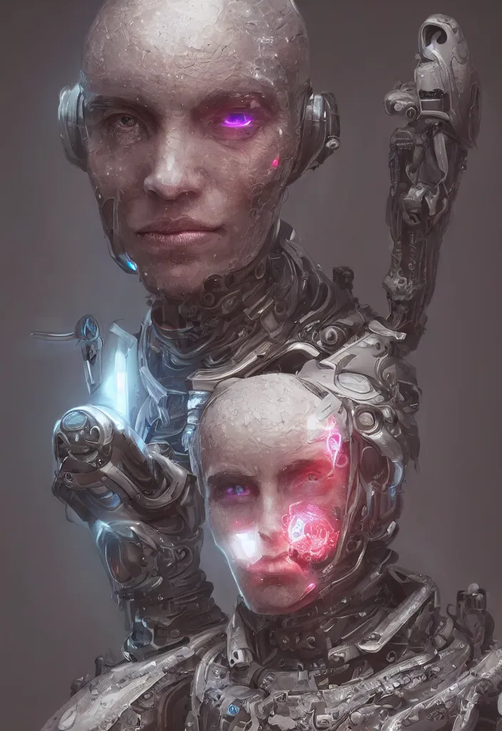 Image similar to a portrait of a benevolent android necromancer, aura of light, friendly, artificial intelligence, scifi, futuristic, highly detailed, trending on artstation, advanced technology, art by vitaly bulgarov and nivanh chanthara and lance wilkinson