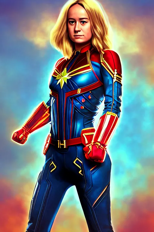 Prompt: full body portrait of a gorgeous petite teenage Brie Larson wearing a Captain Marvel themed !!!micro bikini!!!, hyper realistic, illustration, trending on artstation, HD, 4k, 8k, intricate detailed anatomy, character design, by james gurney