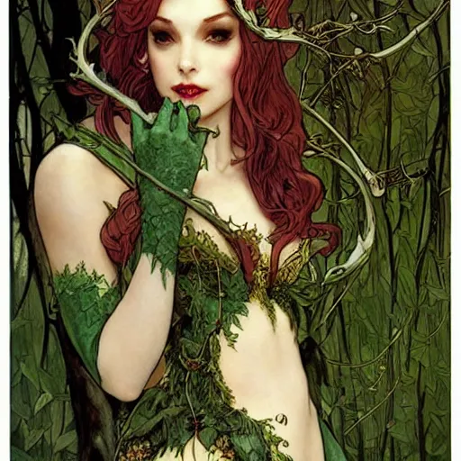 Image similar to a beautiful and detailed magic the gathering card of a seductive poison ivy as an elf druid, dark eyeliner, intricate, elegant, highly detailed, digital painting, artstation, concept art, matte, sharp focus, illustration, art by rebecca guay and by arthur rackham and by alphonse mucha and by john william waterhouse