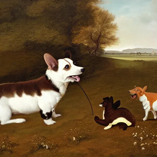 Image similar to oil painting by george stubbs of a brown and white corgi dog, a black, brown and white corgi dog, and a giant squid playing happily together in a meadow.